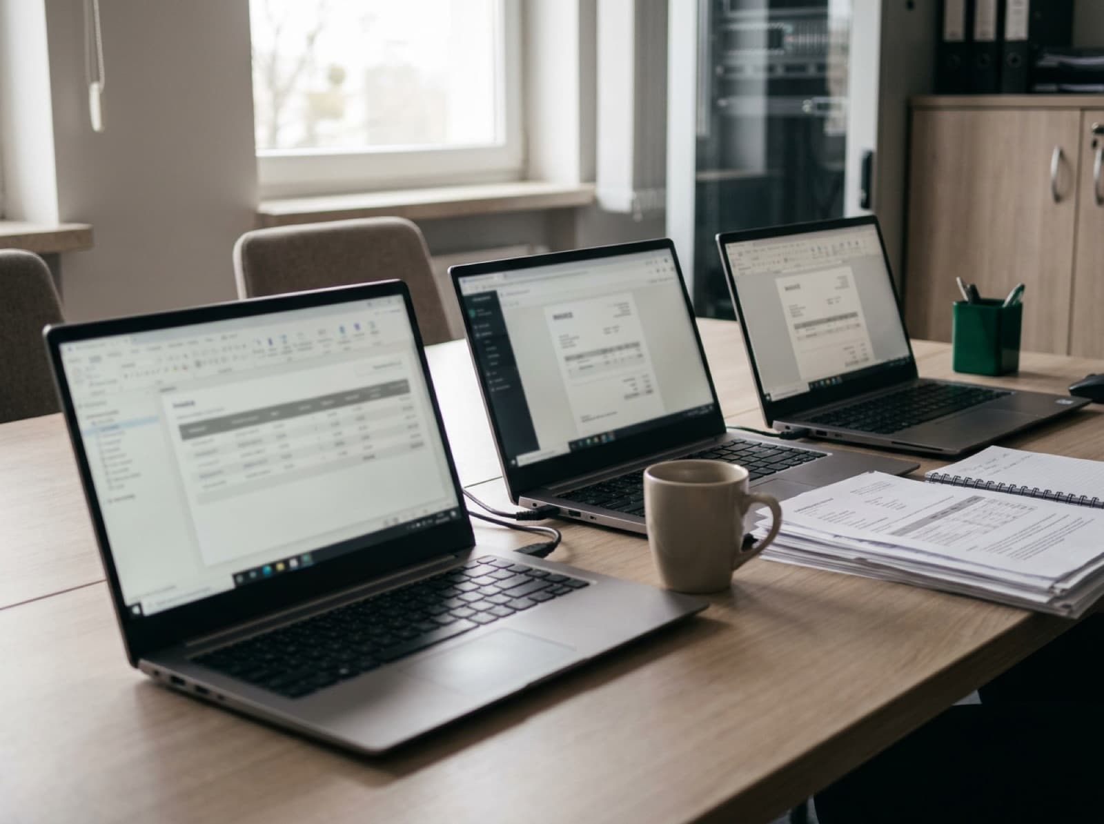 Trzy otwarte laptopy z programami do prowadzenia firmy na wspólnym biurku
