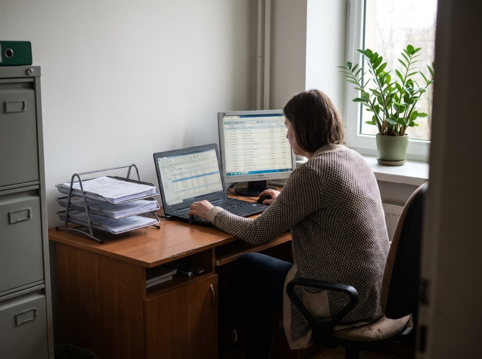 Pracownica biura wystawia fakturę w programie ERP na laptopie