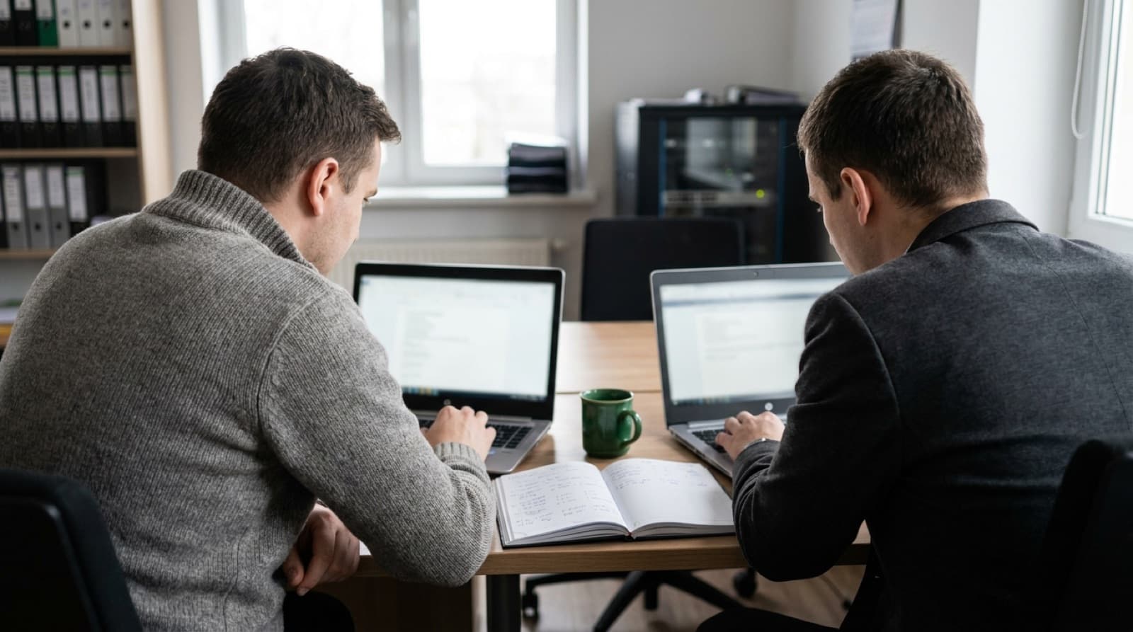 Dwie osoby porównują programy na dwóch laptopach