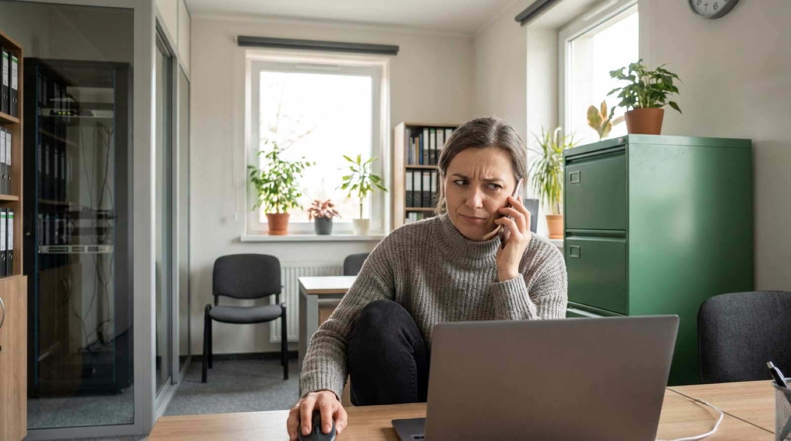 Pracownica podejrzliwie czyta maila podczas rozmowy telefonicznej