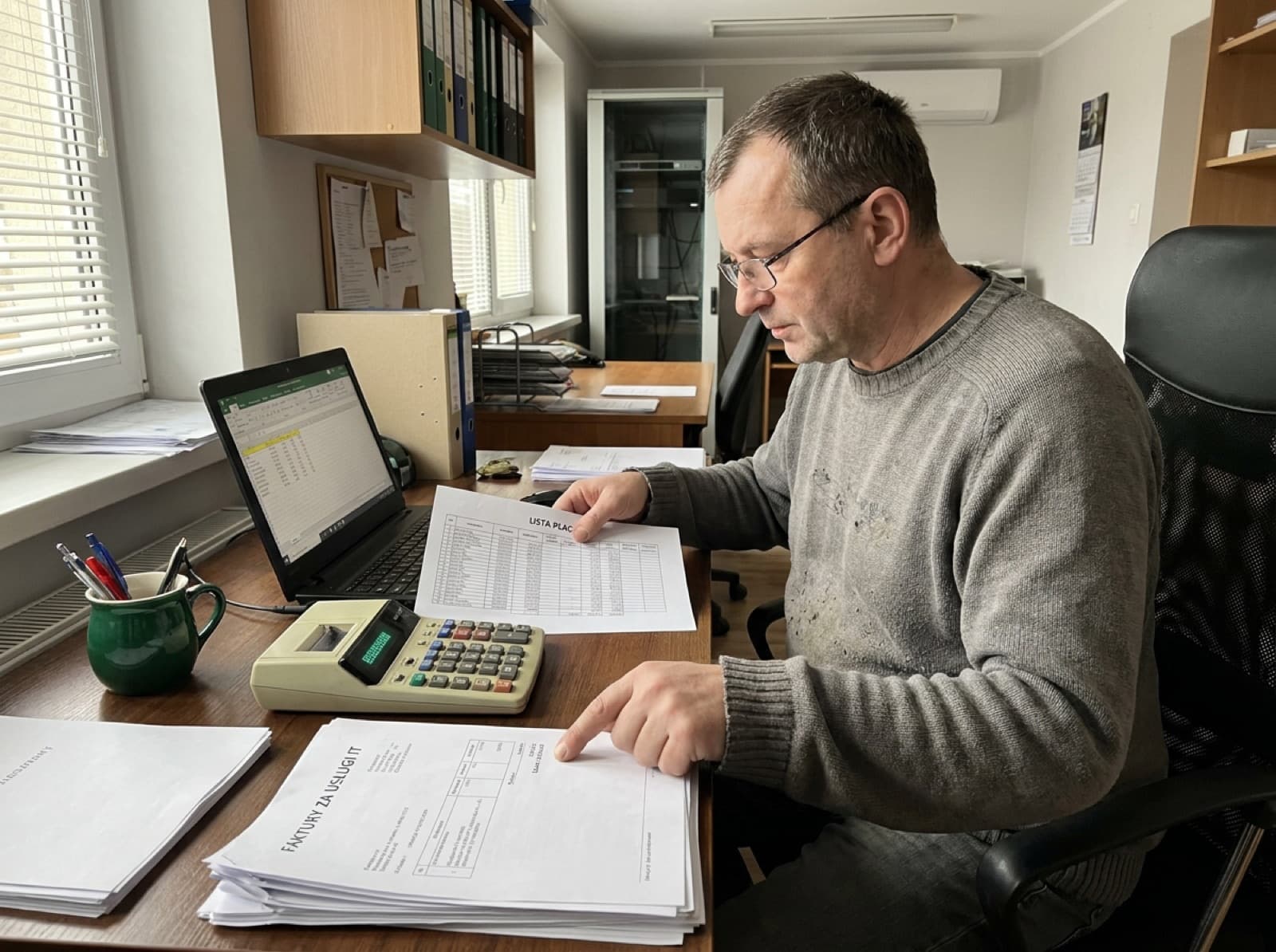 Właściciel firmy liczy na kalkulatorze koszty IT nad wydrukiem listy płac i fakturami