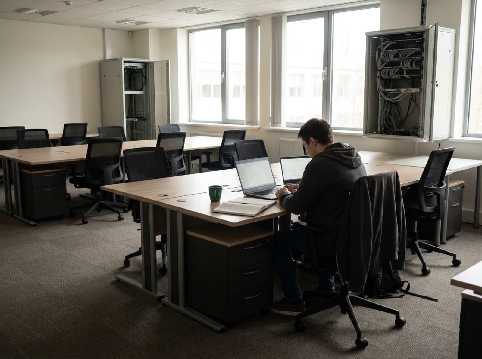 Puste biuro w weekend, informatyk pracuje przy dwóch laptopach obok otwartej szafy sieciowej