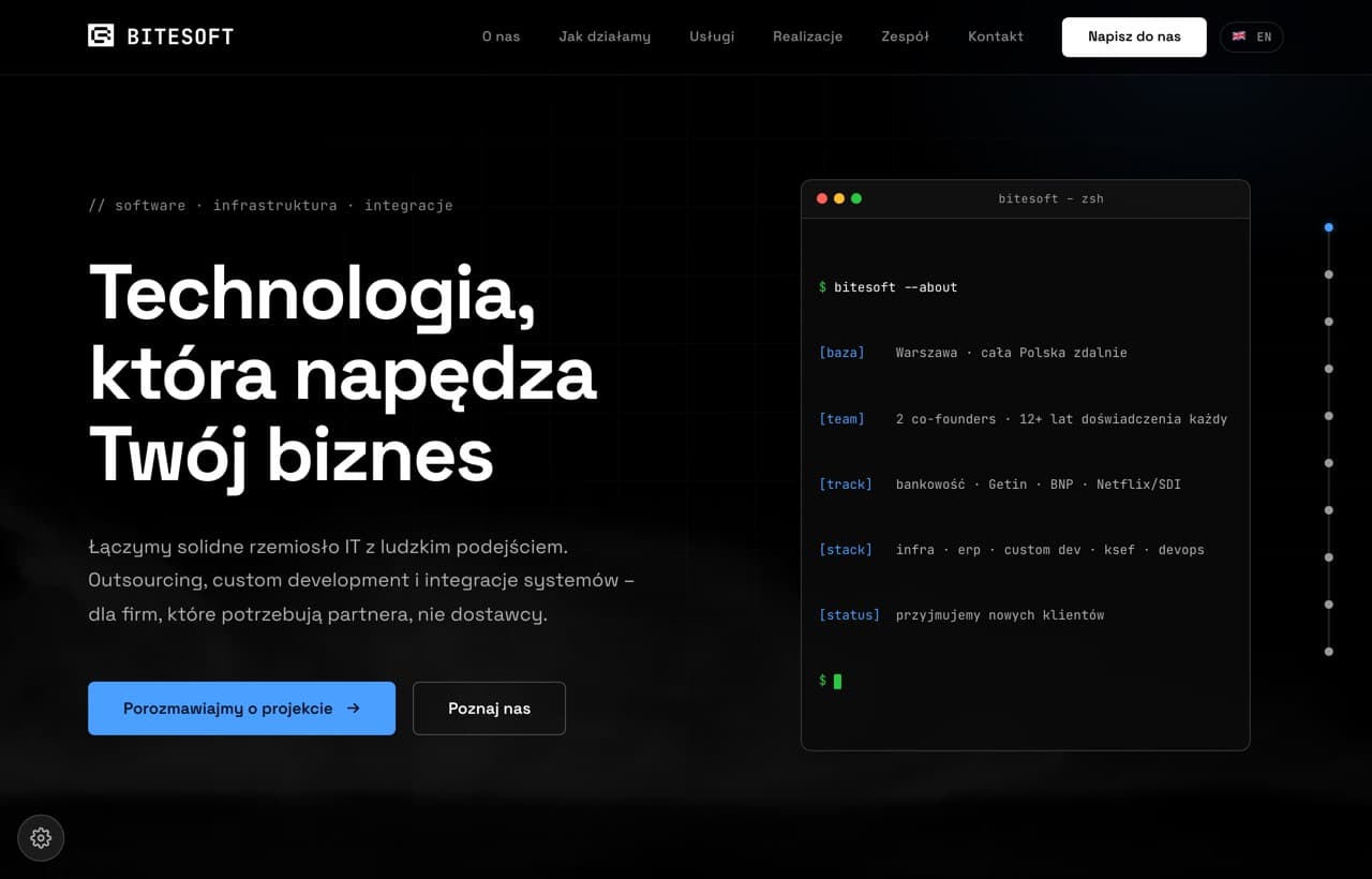 Strona BITESOFT - Software house z Warszawy: oprogramowanie na zamówienie, integracje systemów i większe wdrożenia.